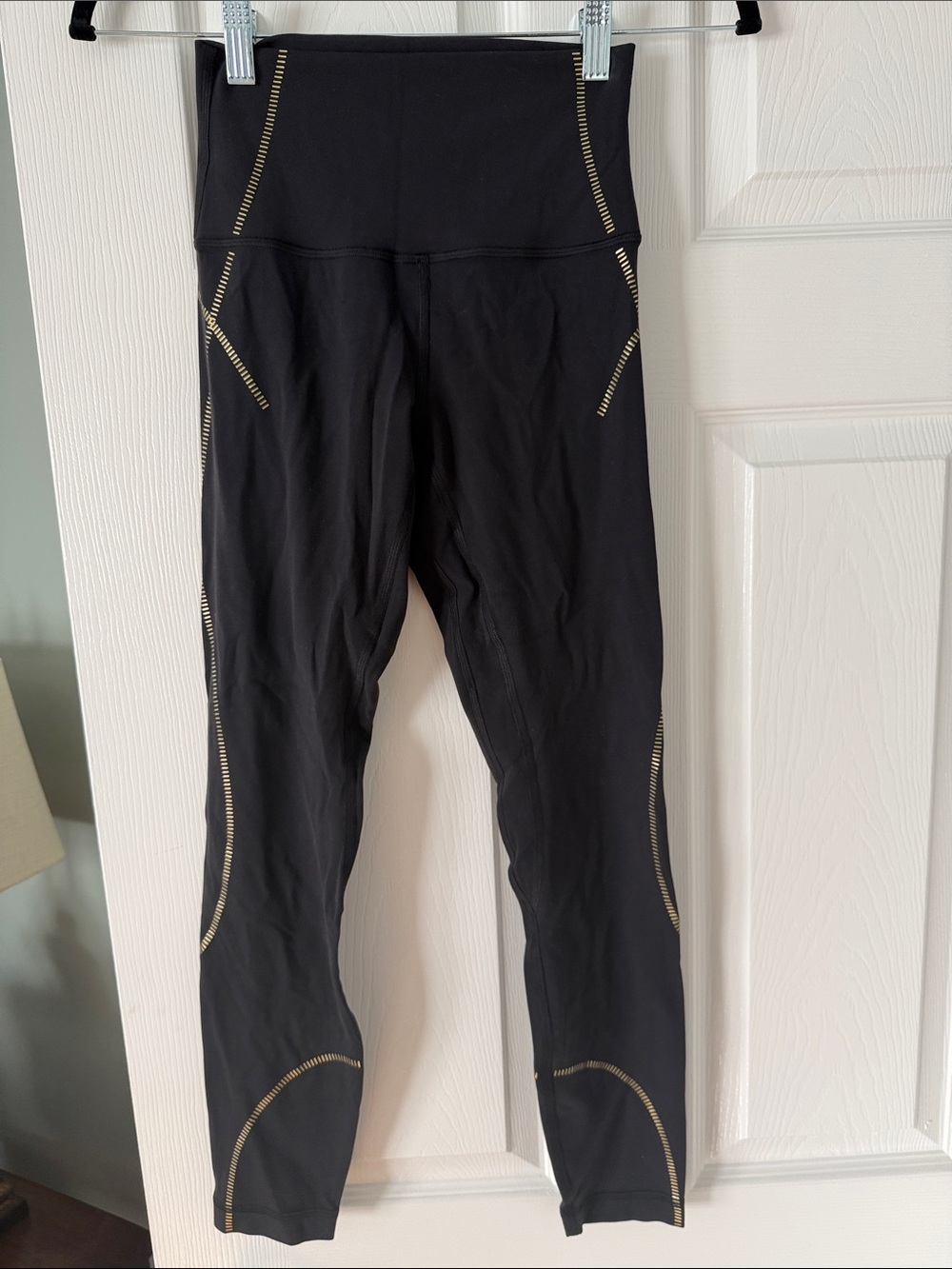 High-Rise Black Leggings with Gold Accent align fabric